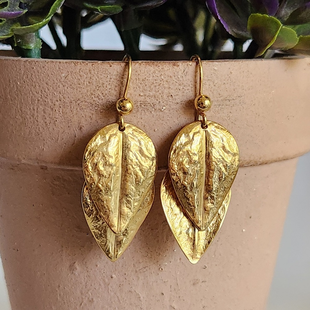 Gold Double Leaf Drop Earrings Textured Hammered Dangle Nature Botanical Jewelry